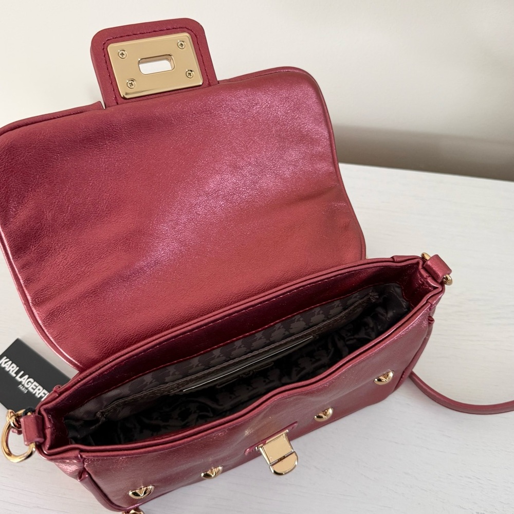 Karl Lagerfeld Metallic Burgundy Heart Flap Bag - Picture 7 of 10